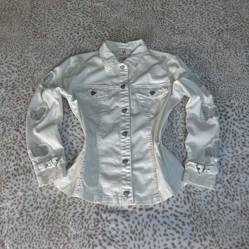 Y2K Quacker Factory White Denim Rhinestone Heart Jacket